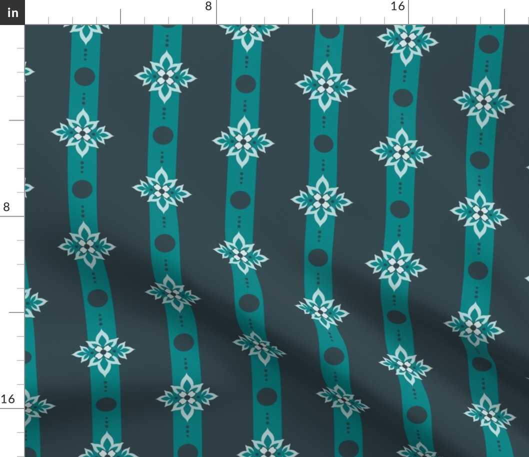 Floral Quatrefoil Stripe - Teal & Ebony - Large Scale