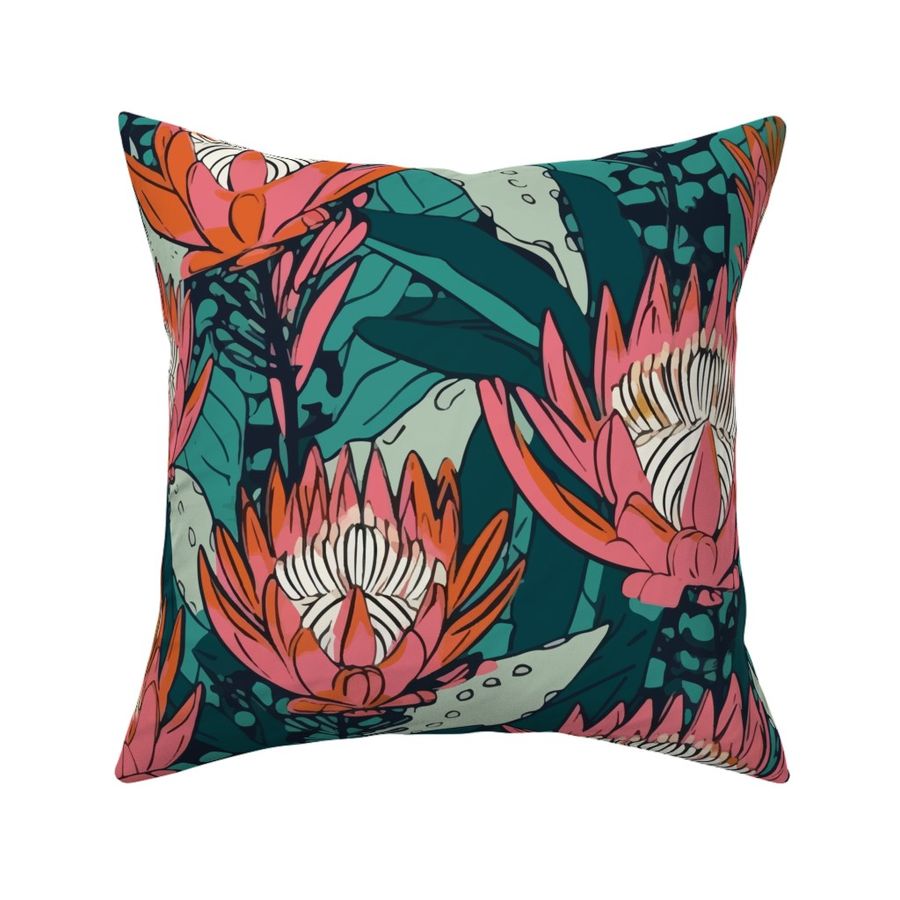 Protea Flower - Vibrant Pink, Teal, Sage Fabric | Spoonflower