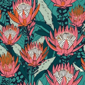 Protea Flower - Vibrant Pink, Teal, Sage Green, Orange - African Kitenge Influence