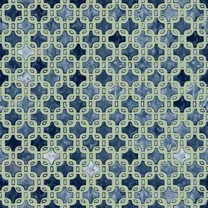 Watercolor Blue Full Pattern Mosaic on Light Green medium Scale