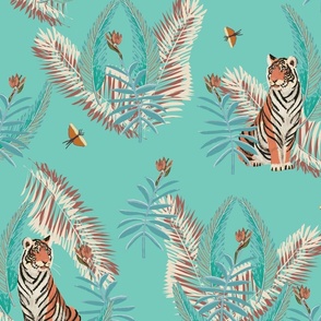 Botanical Tigers Jungle Flora Safari Pattern Wallpaper or Fabric Teals and Blues
