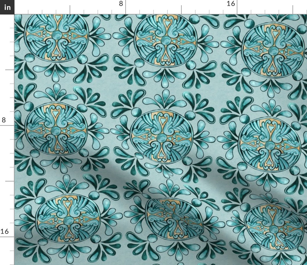 Pale Green Mediterranean Tile Watercolor Seamless Pattern