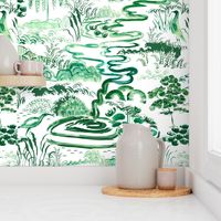 modern chinoiserie in shades of emerald and jade green without background texture