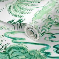 modern chinoiserie in shades of emerald and jade green without background texture
