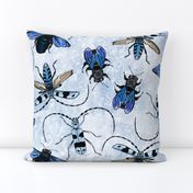 flying creeping crawling - bees and beetles in blue, large scale