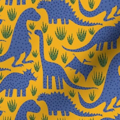 Dinosaur Land - T-Rex, Stegosaurus, Brontosaurus, Triceratops and Pterodactyl - Blue on Yellow