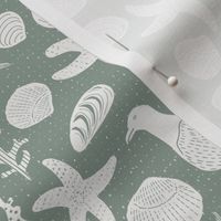 Ocean life crabs, shells and birds on the beach  // sage grey green  line drawing // small