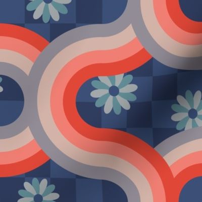 Kyoto Japan-Inspired Graphic Pattern Clash Retro Wavy Geometric Stripes and Flowers in Traditional Palette Rust Red Blush Gray on Blue Checkerboard - MEDIUM Scale - UnBlink Studio by Jackie Tahara