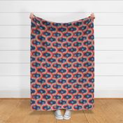 Kyoto Japan-Inspired Graphic Pattern Clash Retro Wavy Geometric Stripes and Flowers in Traditional Palette Rust Red Blush Gray on Blue Checkerboard - MEDIUM Scale - UnBlink Studio by Jackie Tahara