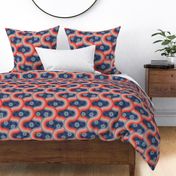 Kyoto Japan-Inspired Graphic Pattern Clash Retro Wavy Geometric Stripes and Flowers in Traditional Palette Rust Red Blush Gray on Blue Checkerboard - MEDIUM Scale - UnBlink Studio by Jackie Tahara