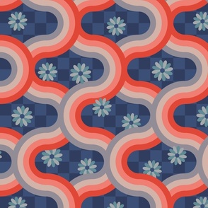 Kyoto Japan-Inspired Graphic Pattern Clash Retro Wavy Geometric Stripes and Flowers in Traditional Palette Rust Red Blush Gray on Blue Checkerboard - MEDIUM Scale - UnBlink Studio by Jackie Tahara