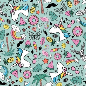 Large Scale Tropical Summer Doodles on Mint