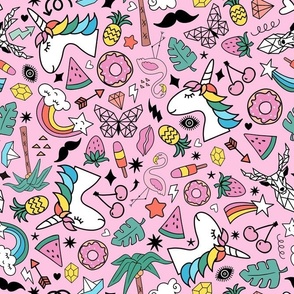 Large Scale Tropical Summer Doodles on Pink