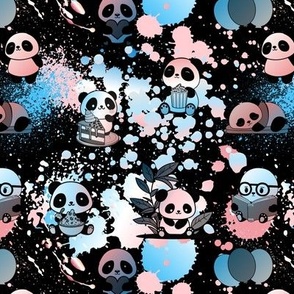 Pandas and Paint Splatters, pink and blue and white