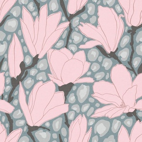 Leopard Print with Pink Sakura Blossoms on teal grey 