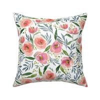 large // Poppy Watercolor Floral in Coral Pink and White Fabric // 12"