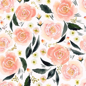jumbo // Rose Blooms Watercolor Floral in Peach on White Fabric // 24"
