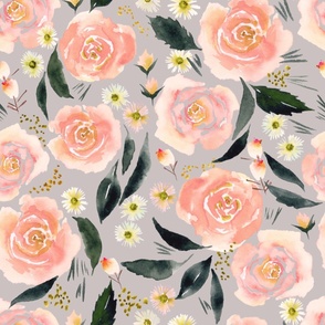 jumbo // Rose Blooms Watercolor Floral in Peach on Grey Fabric // 24"