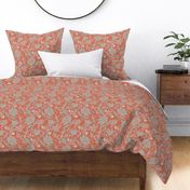 Kalami Paradise- Boho Floral and birds- Sage Salmon Rose Platinum Chintz Flowers- Terracotta Rust- Regular Scale