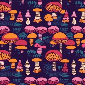 Fantastically Funky Fungi - Pink & Orange Mushrooms on dark blue background