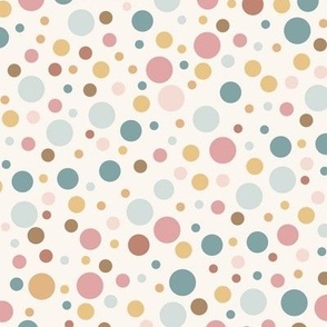 Pastel blue, pink, teal, green, yellow polka dots on beige background