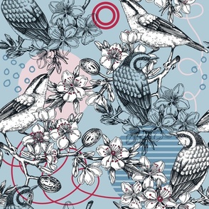 Garden birds and almond blossom pattern 