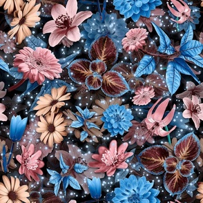 Maximalist blue and blush floral pattern