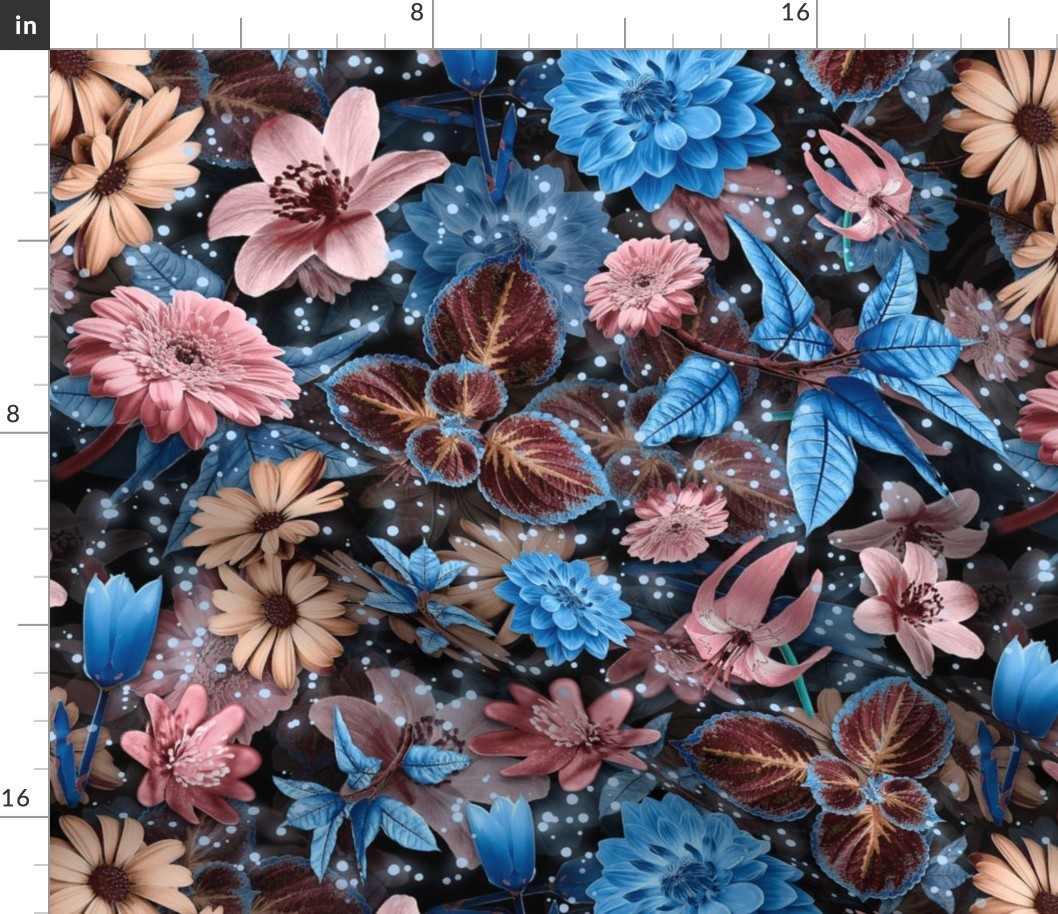 Maximalist blue and blush floral pattern