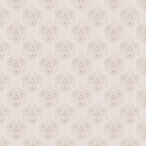 Seed pod hexagons in pale mauve on an oat colored background with a vintage linen texture