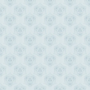 Seed pod hexagonsin baby blue on a light blue colored background with a vintage linen texture