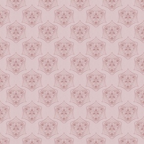 Seed pod hexagons in plum on a dusty pink colored background with a vintage linen texture