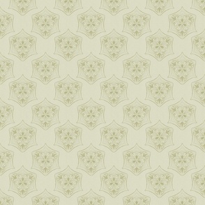 Seed pod hexagons in lime green on a light green colored background with a vintage linen texture