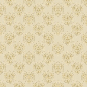Seed pod hexagons in ochre yellow on a beige colored background with a vintage linen texture