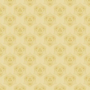 Seed pod hexagons in muted yellow on a pastel yellow colored background with a vintage linen texture