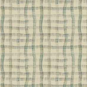 Rustic plaid check in moss green on an ochre yellow background with a vintage linen texture