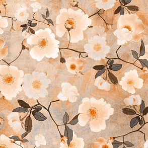 Medium scale romantic bohemian white and sepia wild roses on a tan and dusty blue background