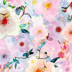 Medium scale dusty pink wild roses with purple and blue tones on a cream yellow background with a vintage linen texture