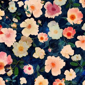 Medium scale romantic bohemian white, pink and peach wild roses on a midnight blue background
