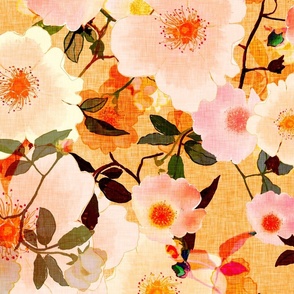 Medium scale white wild roses with pink and peach tones on a cream yellow background