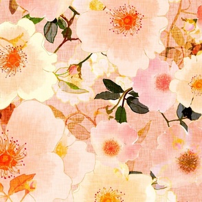 Large scale white wild roses with pink and peach tones on a cream yellow background with a vintage linen texture