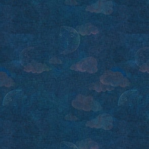 Indigo​,​ midnight blue pattern with cloud and moon motifs with a vintage linen texture