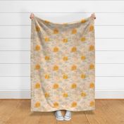 Large scale stars​,​ moons and suns on a cream background with pale grey clouds and a vintage linen texture