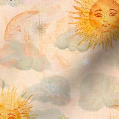 Large scale stars​,​ moons and suns on a cream background with pale grey clouds and a vintage linen texture