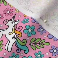 Medium Scale Unicorn Doodles and Colorful Flowers on Pink