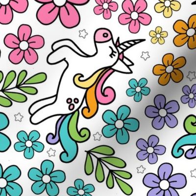 Large Scale Unicorn Doodles and Colorful Flowers on White