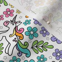 Medium Scale Unicorn Doodles and Colorful Flowers on White