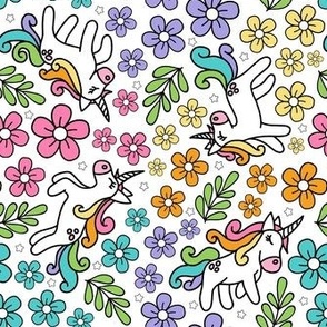 Medium Scale Unicorn Doodles and Colorful Flowers on White
