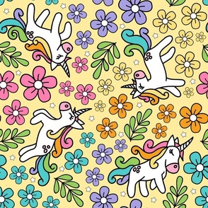 Large Scale Unicorn Doodles and Colorful Flowers on Soft Yellow