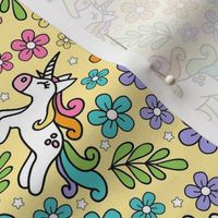 Medium Scale Unicorn Doodles and Colorful Flowers on Soft Yellow