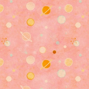 Peach and yellow planets and shooting stars on a marbled pink background with a vintage linen texture